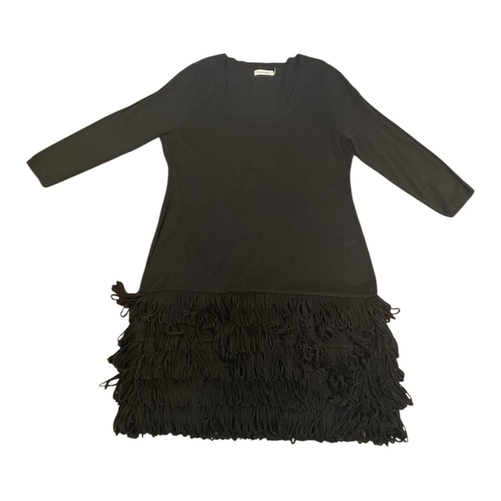 Calvin Klein Dress Women’s Black Sweater Knit Knee Tiered Fringe Dress Size PXL - Picture 8 of 12